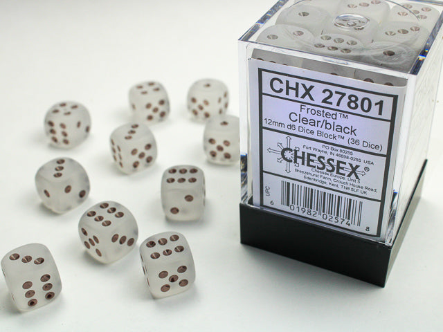 CHESSEX - Frosted Clear/black - 12mm d6 Dice Block (36 dice)