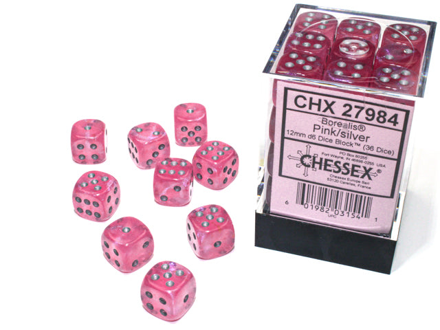 CHESSEX - Borealis Pink/silver Luminary - 12mm d6 Dice Block (36 dice)