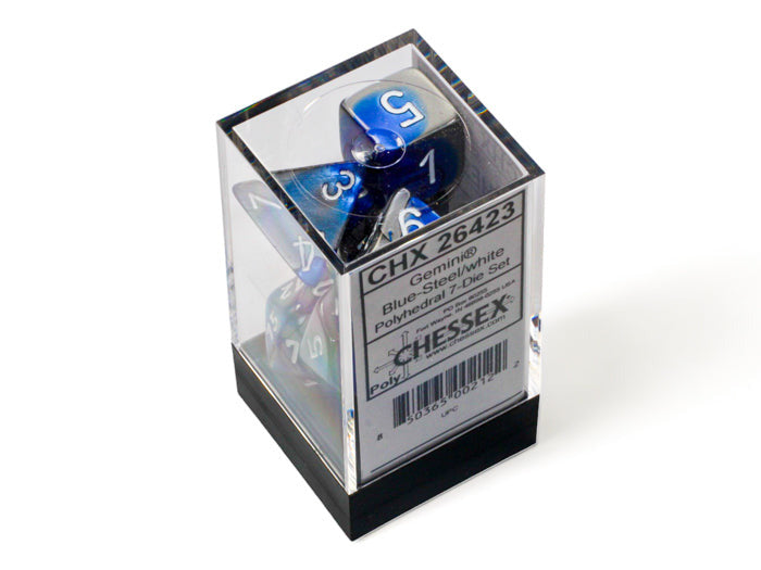 CHESSEX -    Gemini Blue-Steel/white Polyhedral 7-Dice Set