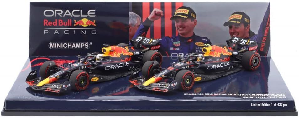 Minichamps - Red Bull - F1 Set 2X RB18 Team Oracle Red Bul Racing #1 Winner Emilia Romagna Italy GP World Champion 2022 Max Verstappen + #11 2nd Emilia Romagna Italy GP 2022 Sergio Pérez, escala 1:43