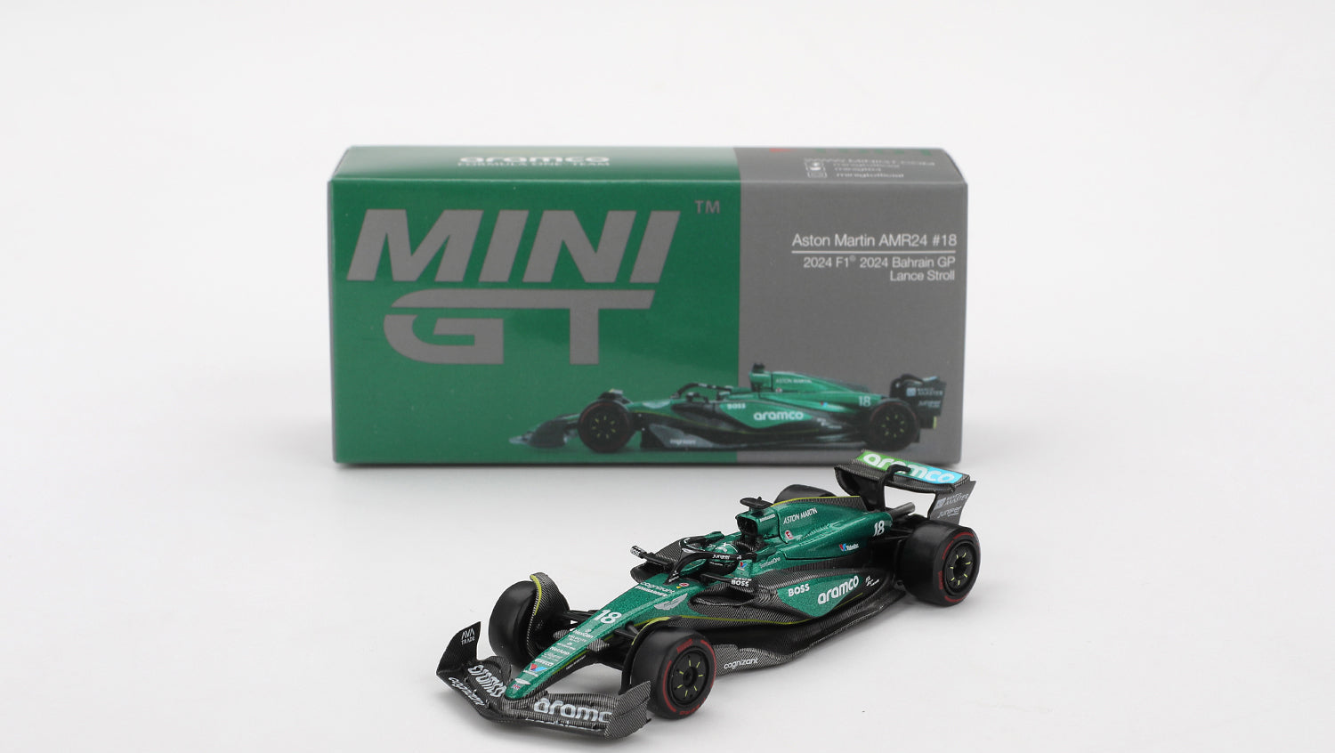 Mini GT - Aston Martin AMR24 #18 Lance Stroll 2024 F1 2024 Bahrain GP 1/64