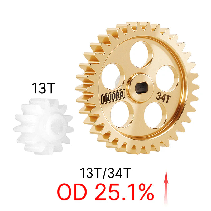 INJORA - Brass Transmission Main Gear with Plastic Motor Pinion for Losi Micro-B Micro-T - 13T/34T Gears (Overdrive 25.1%)
