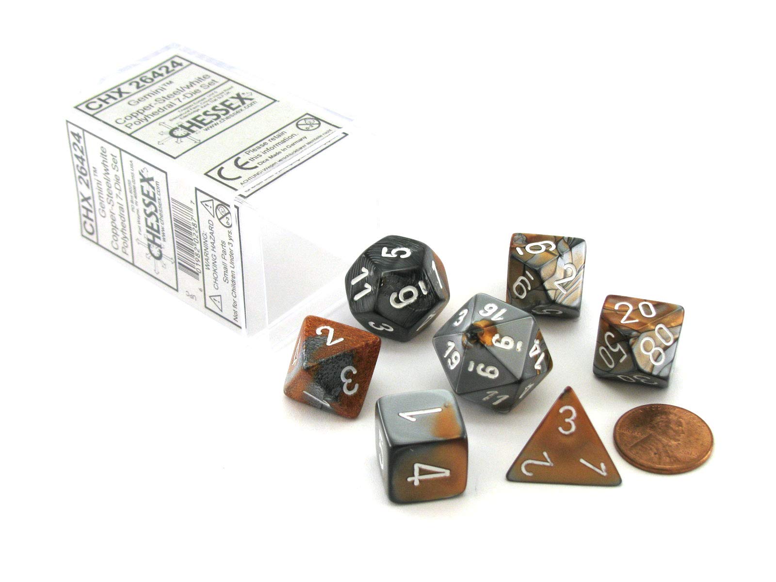 CHESSEX - Gemini Copper-Steel - White Polyhedral 7 - Dice Set