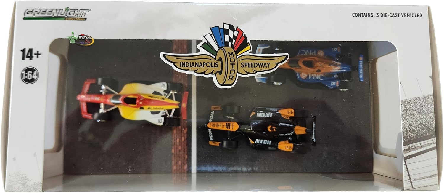 Greenlight - 2024 Indianapolis 500 Podium 3-Car Set - #2 Josef Newgarden, #5 Pato O'Ward, #9 Scott Dixon, escala 1:64
