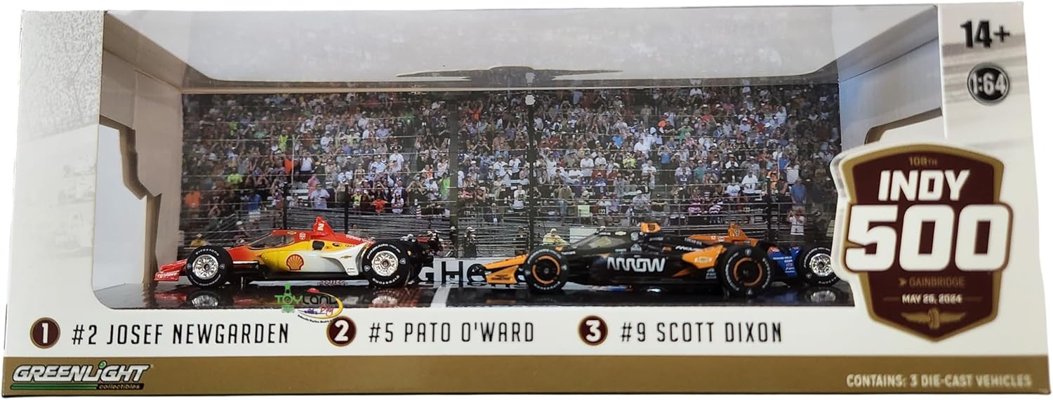 Greenlight - 2024 Indianapolis 500 Podium 3-Car Set - #2 Josef Newgarden, #5 Pato O'Ward, #9 Scott Dixon, escala 1:64