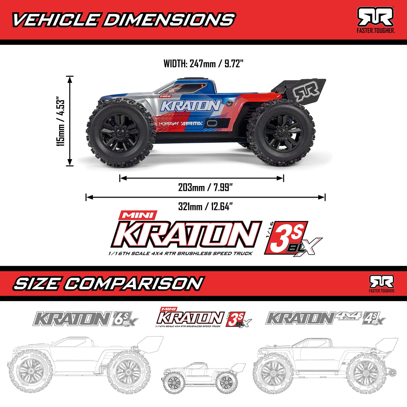 Arrma - Mini Kraton 3S BLX 4X4 1/16 RTR Brushless Speed Monster Truck (Black/Red) w/2.4GHz Radio
