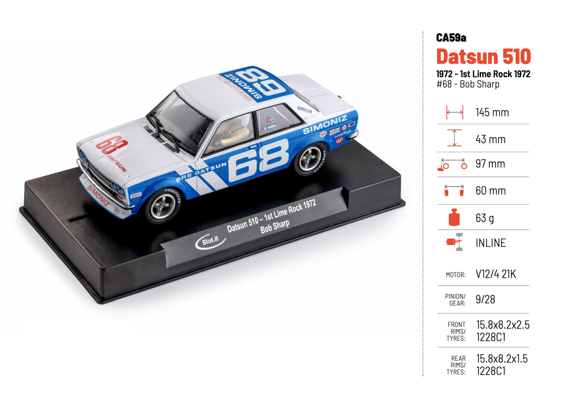 Slot.It - Datsun 510 1972 - 1st Lime Rock / #68 - Bob Sharp - Análogo, escala 1/32