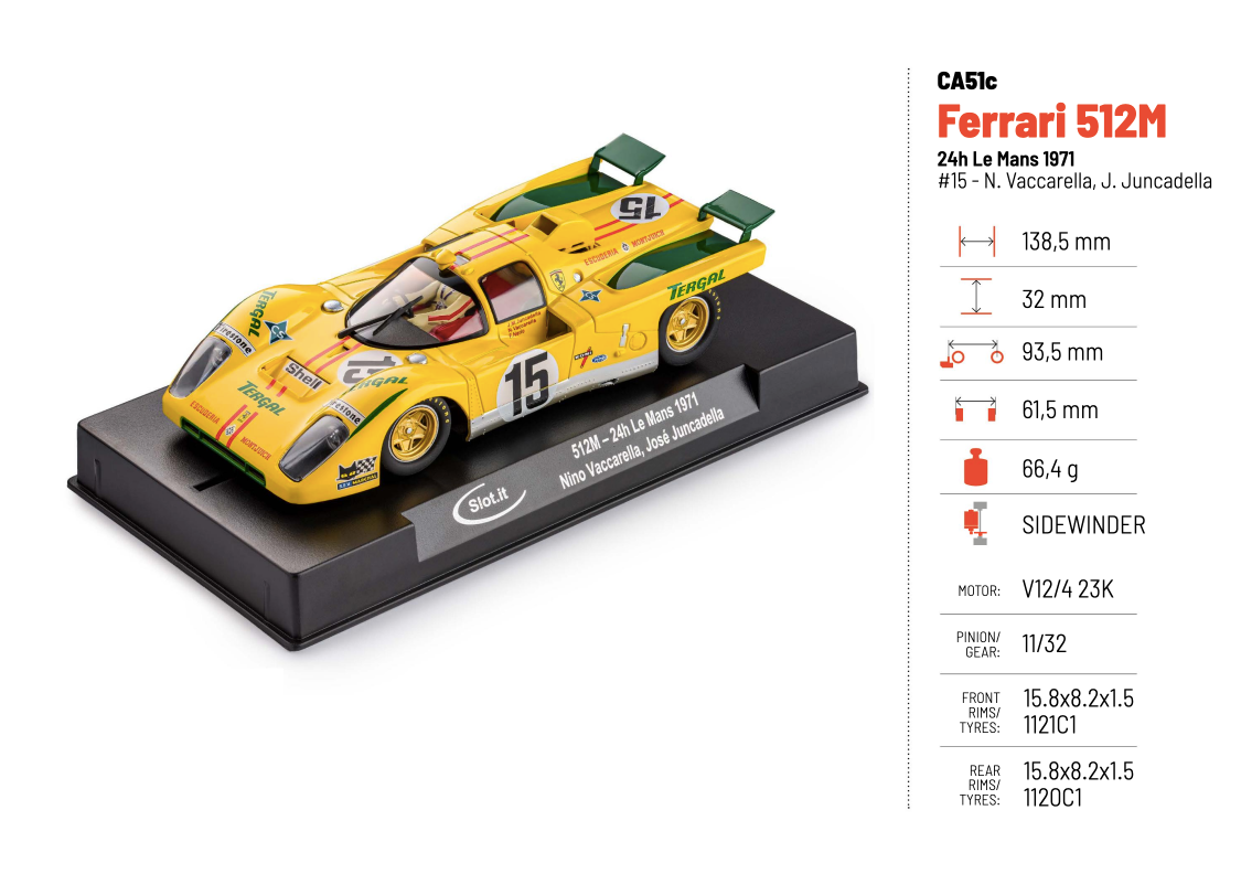 Slot.It - Ferrari 512M 1971 - Daytona #15 - N. Vaccarella, J. Juncadella - Análogo, escala 1/32