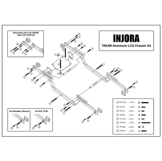 INJORA - Universal LCG Chassis Frame Kit for 1/18 TRX4M (Aluminum)