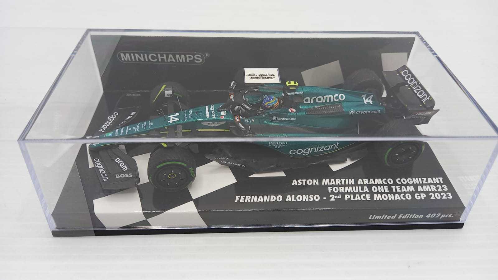 Minichamps - Fernando Alonso Aston Martin AMR23 #14 2do Mónaco GP F1 2023, escala 1:43