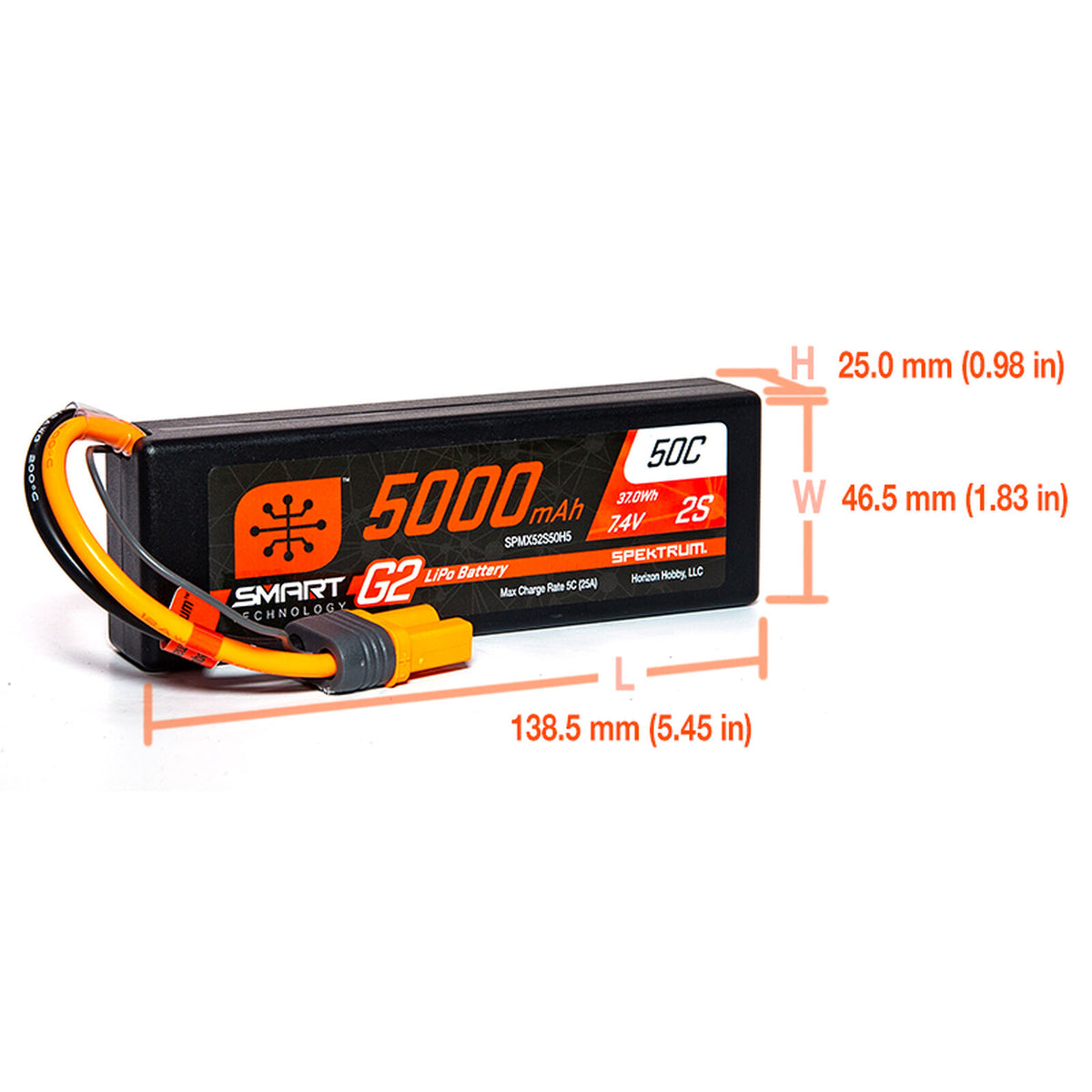 Spektrum RC - 7.4V 5000mAh 2S 50C Smart G2 Hardcase LiPo Battery: IC5