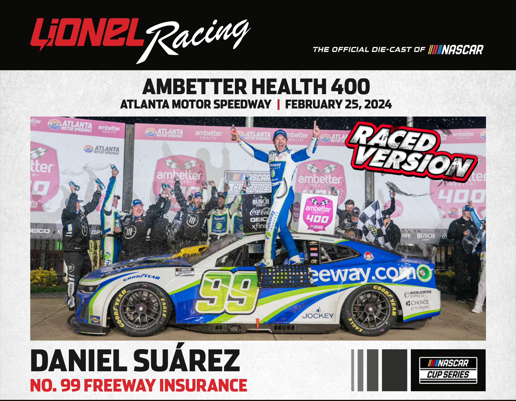 Lionel Racing - Daniel Suárez 2024 Freeway Insurance Atlanta Raced Win ELITE DIECAST, escala 1:24