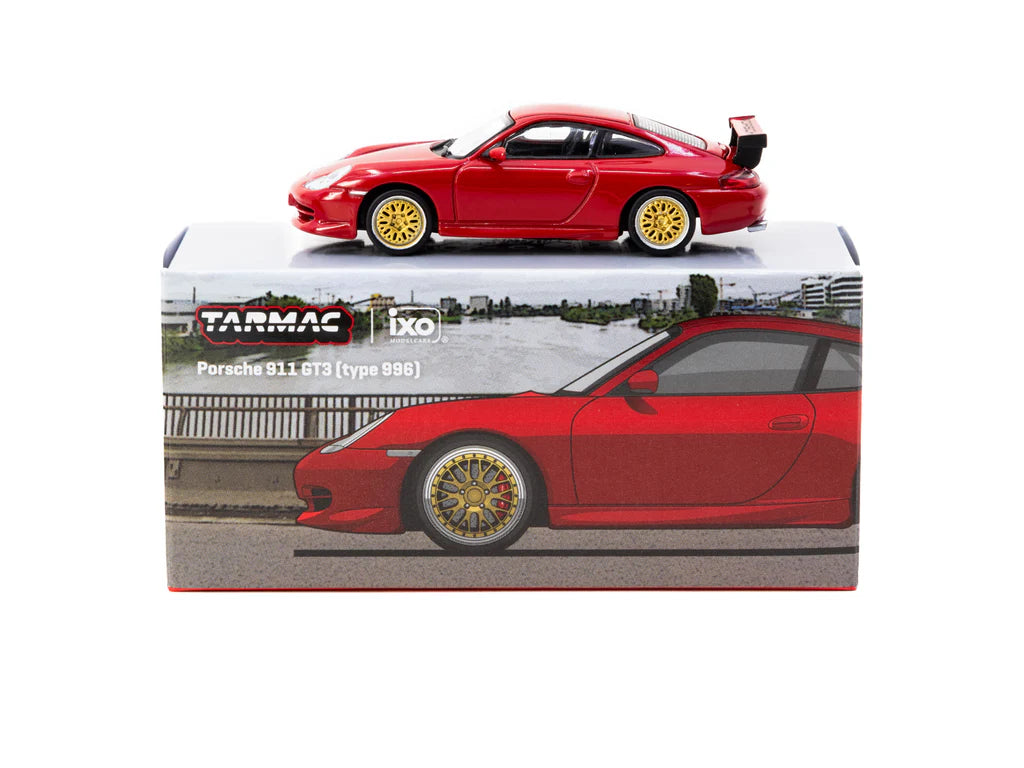 IXO x Tarmac Works- Porsche 911 GT3 (Tipo 996) en rojo, escala 1:64,  Exclusivas de MiJo