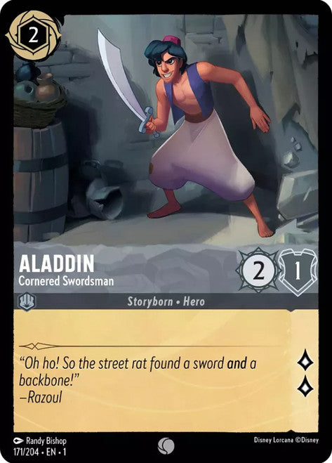 Carta Aladdin - Cornered Swordsman,Set The First Chapter, Número de Tarjeta 171 , Color Steel, Rarity Common