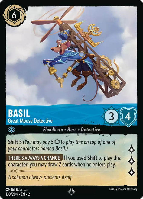 Carta Basil - Great Mouse Detective,Set Rise of the Floodborn , Número de Tarjeta 138 , Color Sapphire, Rarity Super Rare