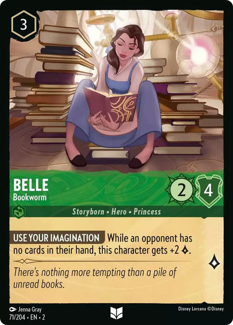 Carta Belle - Bookworm,Set Rise of the Floodborn , Número de Tarjeta 71 , Color Emerald, Rarity Uncommon