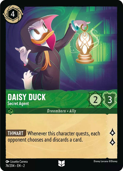 Carta Daisy Duck - Secret Agent,Set Rise of the Floodborn , Número de Tarjeta 76 , Color Emerald, Rarity Uncommon