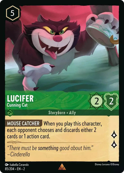 Carta Lucifer - Cunning Cat,Set Rise of the Floodborn , Número de Tarjeta 85 , Color Emerald, Rarity Rare