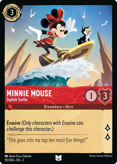Carta Minnie Mouse - Stylish Surfer,Set Rise of the Floodborn , Número de Tarjeta 113 , Color Ruby, Rarity Uncommon