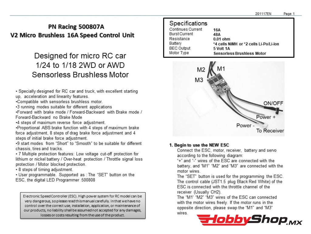 Pn Racing - V2 Micro Brushless 16A Speed Control Unit En Existencia