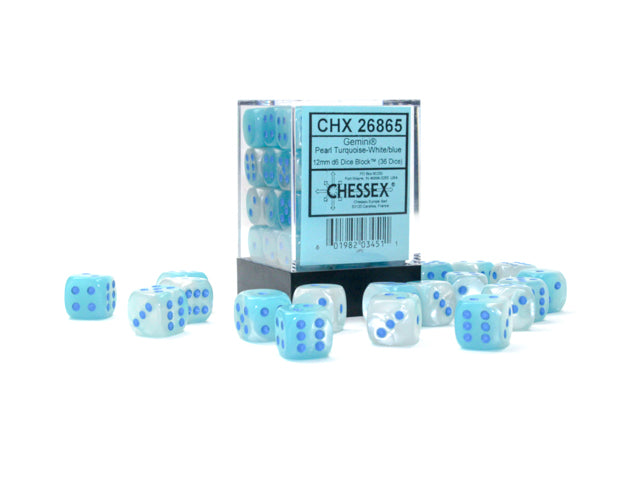 CHESSEX - Gemini Pearl Turquoise-White/Blue - Black 12mm d6 Dice Block (36 dice)