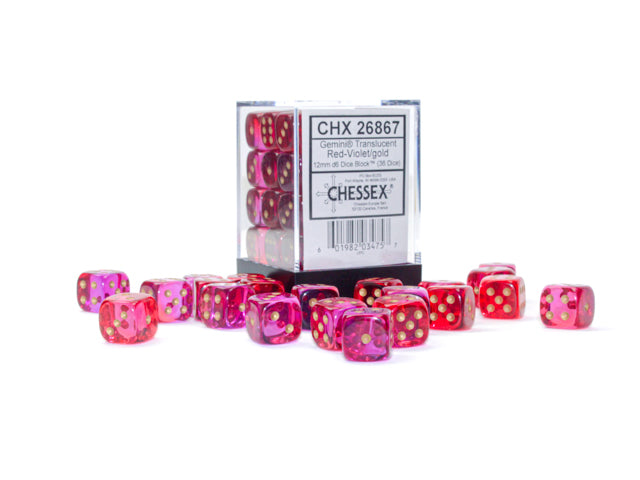 CHESSEX - Gemini Translucent Red-Violet/Gold - Black 12mm d6 Dice Block (36 dice)