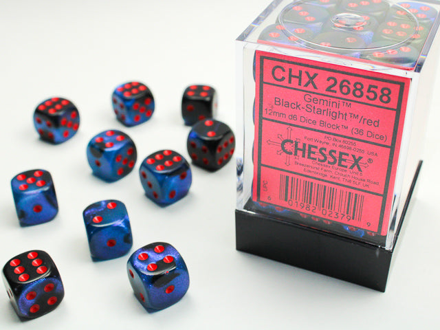 CHESSEX - Gemini Balck Starlight/Red - 12mm d6 Dice Block (36 dice)