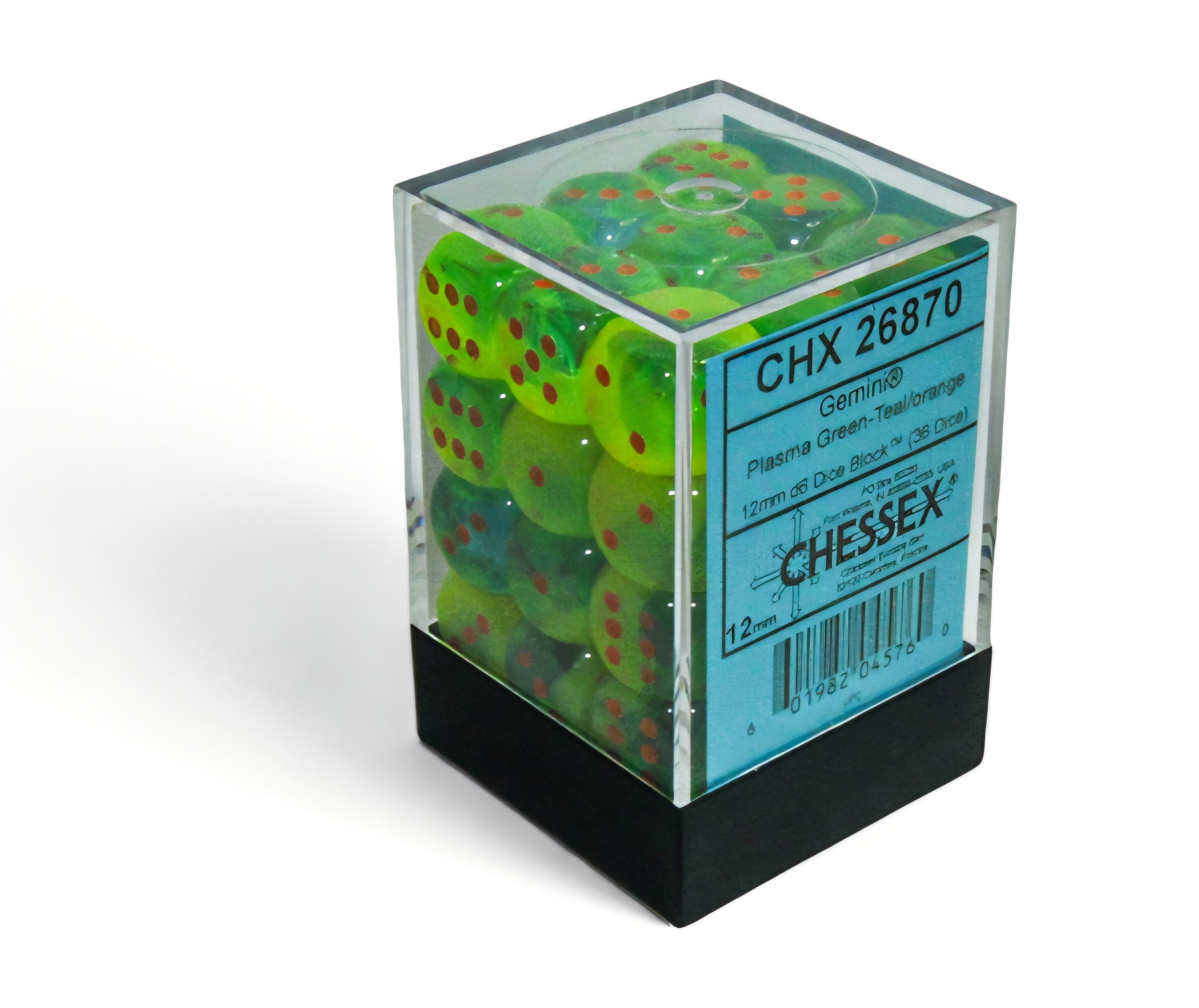 CHESSEX - Gemini Plasma Green-Teal/Orange - 12mm d6 Dice Block (36 dice)