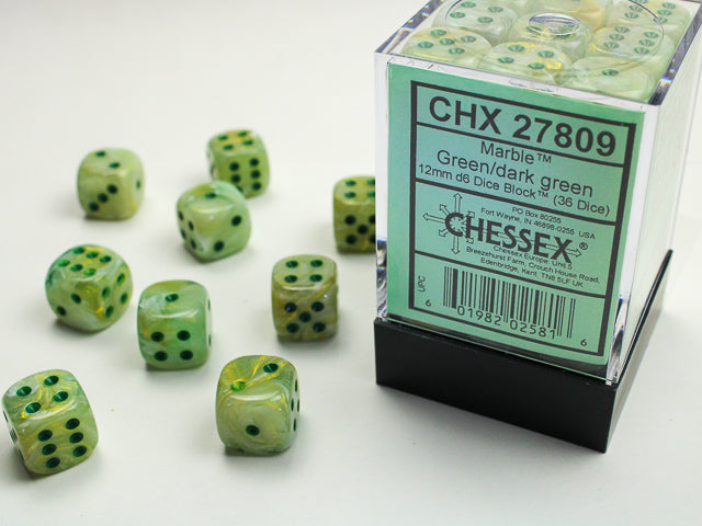 CHESSEX - Marble Green/Dark Green - 12mm d6 Dice Block (36 dice)