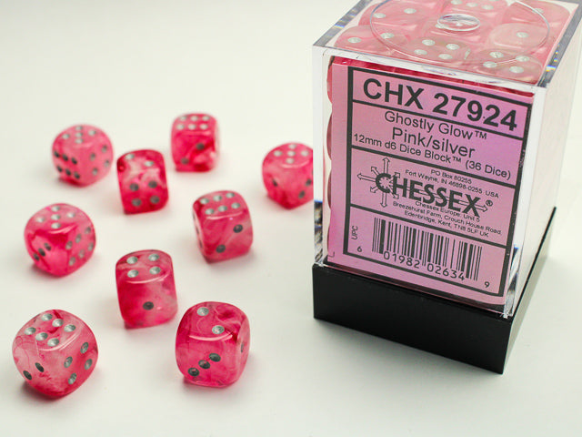 CHESSEX - Ghostly Glow Pink - Silver Luminary 12mm d6 Dice Block (36 dice)