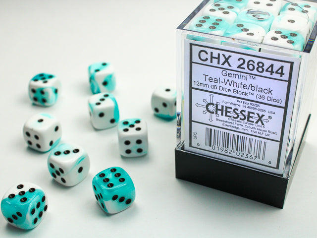 CHESSEX - Gemini Teal/White - Black 12mm d6 Dice Block (36 dice)