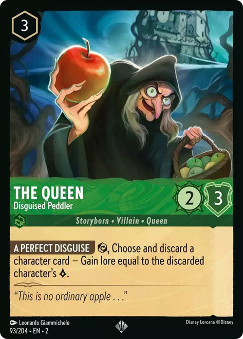 Carta The Queen - Disguised Peddler,Set Rise of the Floodborn , Número de Tarjeta 93 , Color Emerald, Rarity Super Rare
