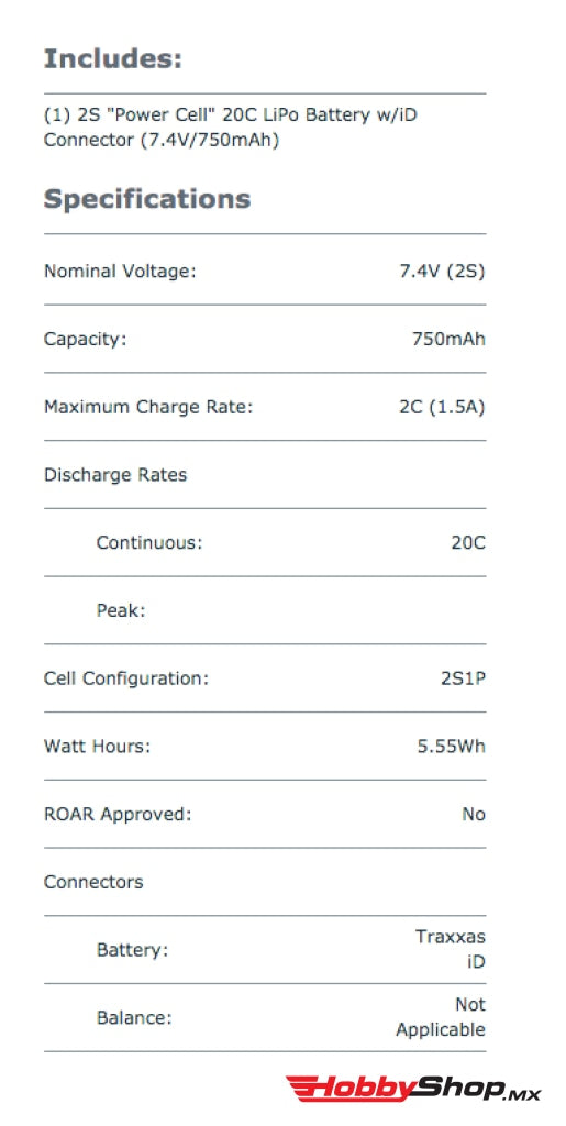 750mAh 7.4V 2-Cell 20C LiPo Battery