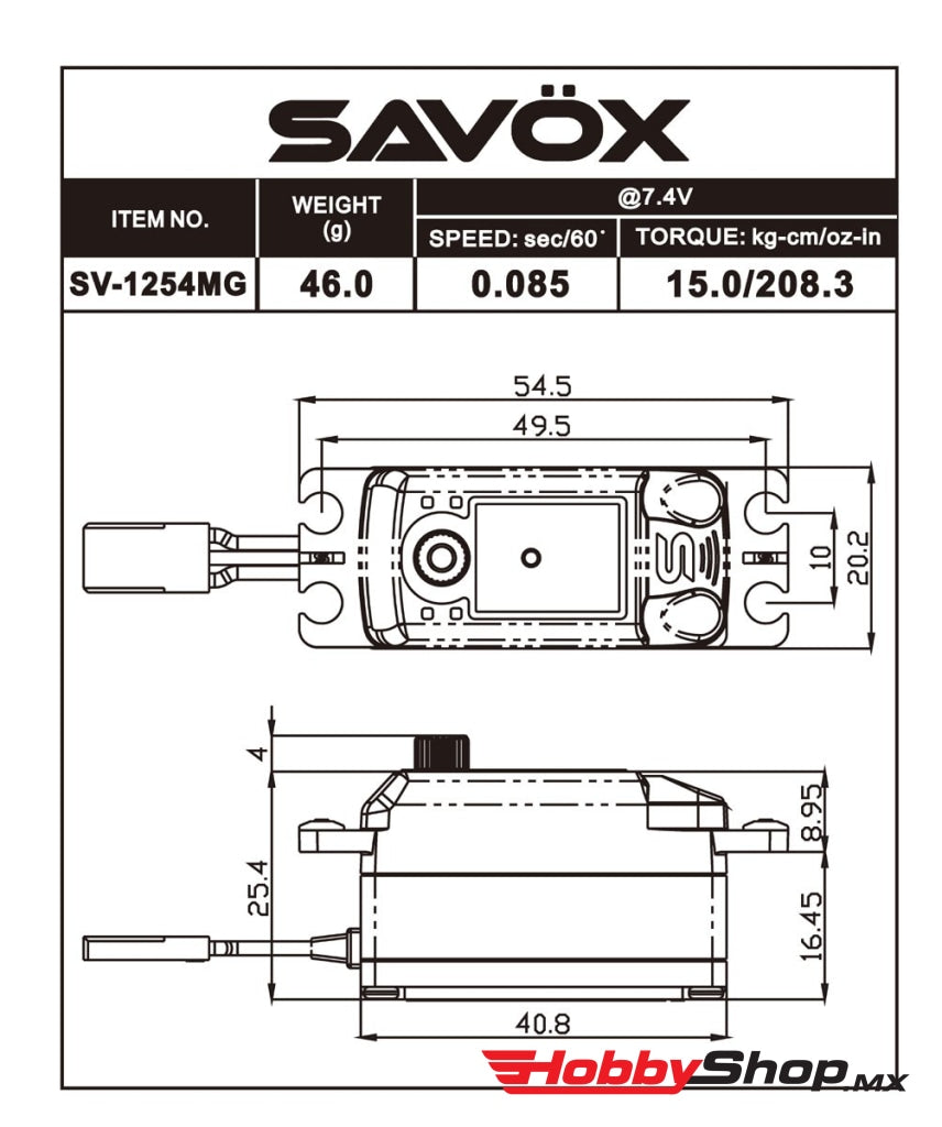 Savox - High Voltage Coreless Low Profile Digital Servo 0.085Sec / 208.3Oz @ 7.4V En Existencia